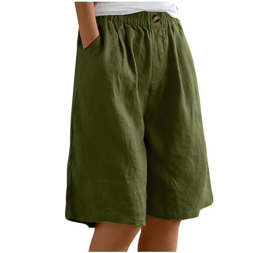 Bermuda Shorts for Women Knee Length Elastic High Waist Drawstring Loose Wide Leg Shorts Summer Casual Beach Clothes A01-Green M