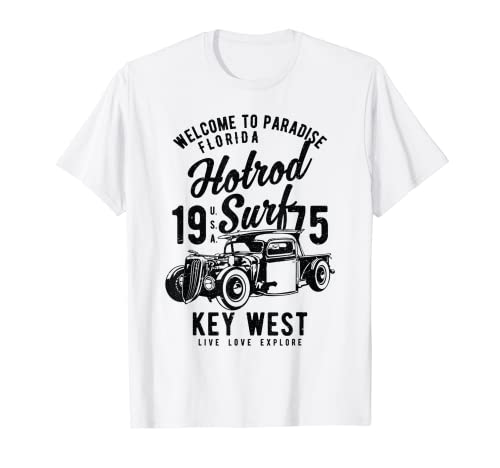 Key West Florida Retro Hotrod Surf Diseño envejecido Camiseta