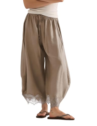 PUWEI Womens Cropped Lace-Hem Pants High Waisted Drawstring Wide Leg Pants Casual Lightweight Trousers with Pockets (Khaki-XS)