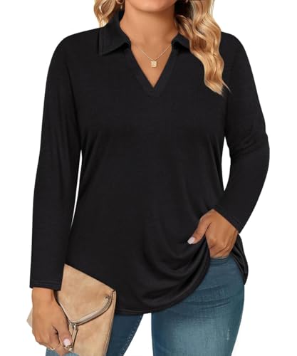 RITERA Plus Size Polo Shirts for Women Fall Long Sleeve V Neck Tops Casual Collared Blouses XL-5XL