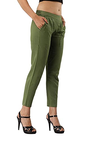 Image of DIGITAL SHOPEE Women Cotton Regular Fit Elastic Waist Casual Ankle Pant Trouser with Two Side Pocket