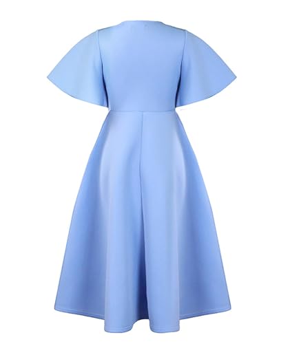 Image of SOMTHRON Women's Wrap V-Neck Ruffle Short Sleeve Midi Dress Elegant A Line Flowy Flared Cocktail Church Dress