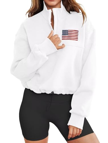 Image of LEEDYA Womens Long Sleeve American Flag Sweatshirts Half Zip USA Shirt