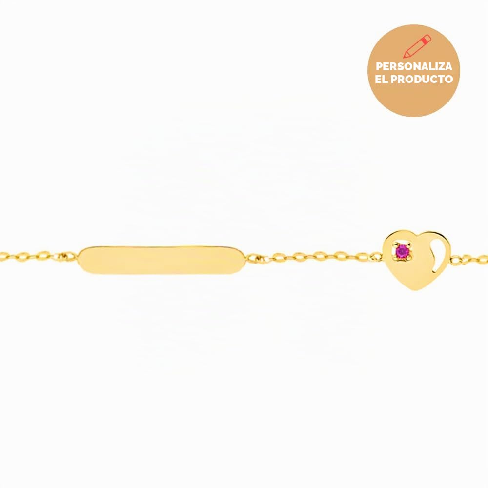 Sakrami Pulsera para niños personalizable de plata 925, placa con nombre y corazón con circonita fucsia, chapado en oro o rodio, regalo para cumpleaños, comunión, confirmación o nacimiento, caja