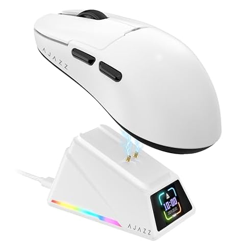 AJAZZ AJ159 APEX 8K Bezprzewodowa Mysz do Gier, Magnetyczna Stacja ładująca z Ekranem, Czujnik Pixart PAW3950, do 42K DPI, 56g Ultralight, HUANO Switch 100M kliknięć, Tri-Mode Mice, do PC/MAC (Biała)