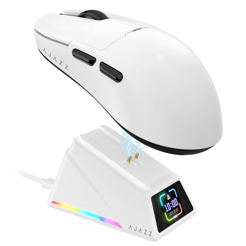 AJAZZ AJ159 APEX 8K Bezprzewodowa Mysz do Gier, Magnetyczna Stacja ładująca z Ekranem, Czujnik Pixart PAW3950, do 42K DPI, 56g Ultralight, HUANO Switch 100M kliknięć, Tri-Mode Mice, do PC/MAC (Biała)