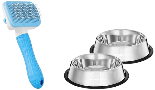 Image of Amazon Basics Self Cleaning Slicker Pet Grooming Brush & Stainless Steel Pet Feeding Bowls (Set of 2, 700 ml) for All Pets