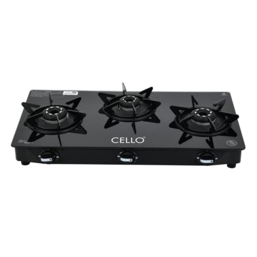 Image of Cello Dezire Plus 3 Burner Gas Stove | 6mm Toughened Glass | Manual Ignition | ISI Certified | Rapid Alloy Burnes | 1 Year Warranty | Hexa Pan Supports