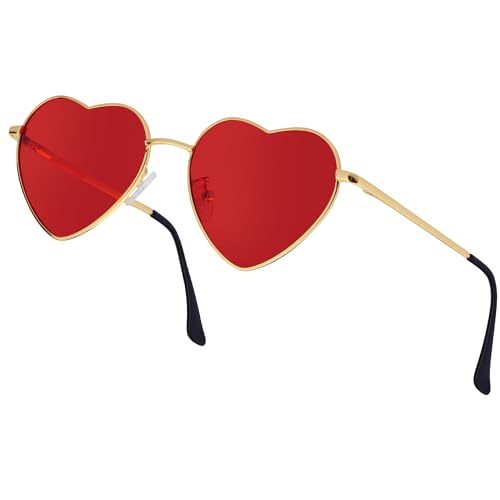Hmxpls Heart Shaped Sunglasses for Women Metal Frame Heart Glasses for Valentines Halloween Dress Up Costume Accessories (Red)