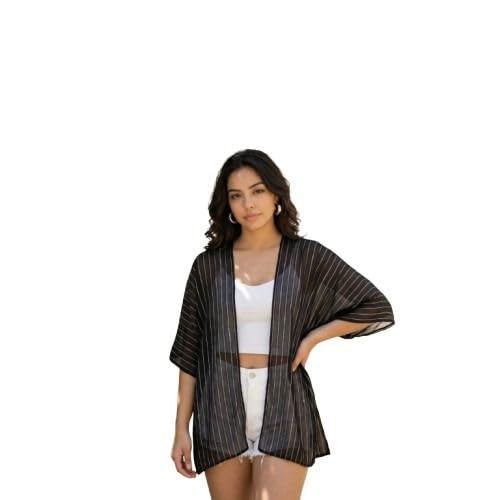Women’s Black Striped Sheer Kimono Shrug | Open Front Cardigan | Casual Summer Layer | Beachwear Cover-Up for Women-image-2