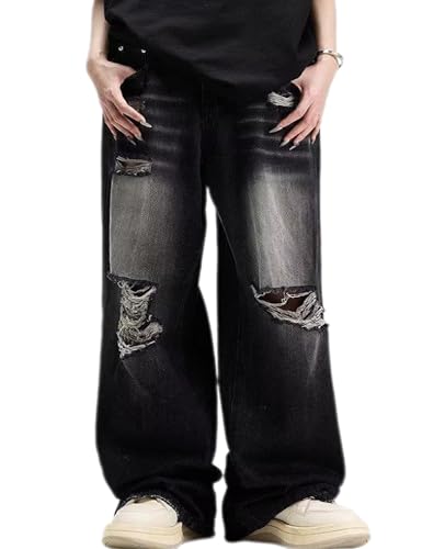 Men Baggy Ripped Jeans Y2k Hip Hop Distressed Jeans Oversized Boyfriend Jeans Wide Leg Denim Pants Y2K Streetwear