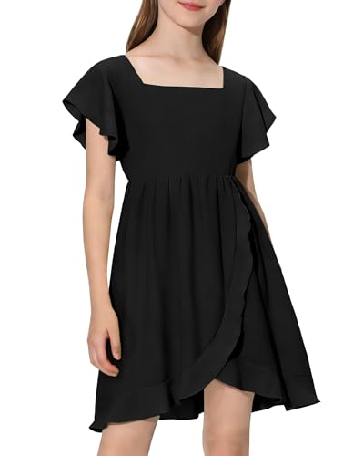 Coedody Girls Black Dress for Tween Girls 6-14Y Square Neck Flutter Sleeve Party Easter Graduation Dress