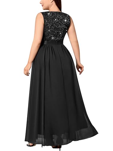 Knitee Women's Plus Size Sequin Lace Deep V-Neck Sleeveless Slit Formal Evening Maxi Dresses2