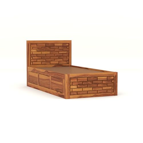 Image of Solid Sheesham Wood Single Size Bed with Box Storage for Bedroom Living Room Single Cot for Home Wooden Palang for Hotel (Honey, Size 6 * 3)