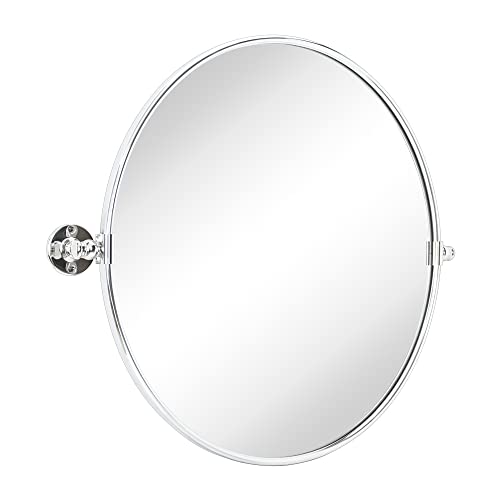 Image of Round Pivot Bathroom Mirror Chrome Circle Metal Framed Tilting Vanity Mirrors for Wall, Overall 27.98 x 24 inches (Mirrror 24 x 24 inches)
