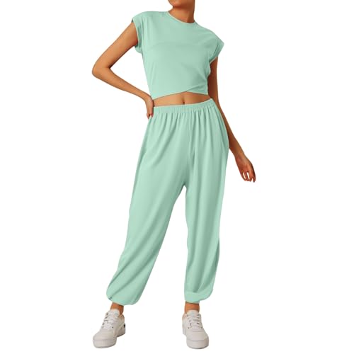 2 Piece Sets For Women Casual Summer Travel Vacation Outfits Short Sleeve Wide Leg Crop Pants Lounge Set Tracksuit