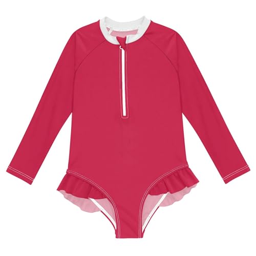 Plain Cherry Red Baby Girl Bathing Suit Long Sleeve UPF 50+ One Piece Toddler Swimsuit Size 4t