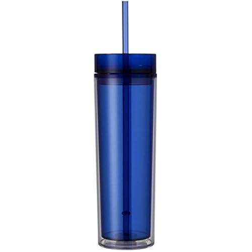 Double Wall Skinny Acrylic Tumbler 16 Oz, with Straws (Blue)