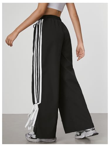 WDIRARA Women's Side Striped Bowknot Track Streetwear Pant Drawstring Waist Wide Leg Long Pants Workout3