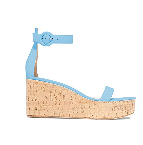Fowt Summer Platform Buckle Ankle Strap Wedge Heel Womens Sandals Elegant Colorful Round Open Toe Cork Covered Heels Comfort Blue Pumps Street Beach Vacation Shoes, Us Size 15 Wide #TOP12