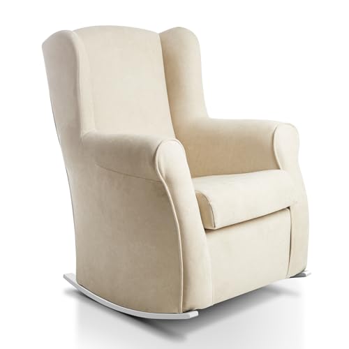SUENOSZZZ-ESPECIALISTAS DEL DESCANSO Sillon orejero balancin Blanco Carla (Sillon Lactancia) Sillón tapizado Antimanchas acualine Color Beige. Mecedora para Dormitorio, Salon o habitacion de Bebe