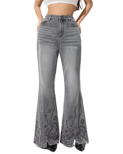 LERK Women High Rise Stretch Flare Bell Bottom Embroidered Floral Jeans with Pockets