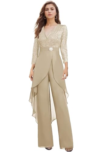 2 Pieces Mother of The Bride Pant Suits Petite Chiffon Champagne Formal Evening Dresses for Wedding Cocktail Party Pantsuits Long Sleeve US2