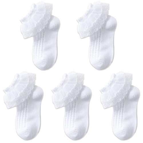 Exegawe Toddler Girl Socks with Ruffle Lace Frilly 5 Pairs Kids Dress Dance Socks for 1-9 Years