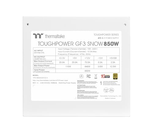 Image of Thermaltake Toughpower GF3 850W; ATX 3.1; Native PCIe 5.1 12V-2x6; Color Matched Connectors; Japanese Main Capacitors; Colored Custom 135mm Fan; 80 Plus Gold Certified; Snow; PS-TPD-0850FNFAGU-S