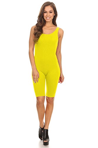 Women's Sleeveless Stretch Bodycon Skinny Solid Sport Short Unitard Romper Jumpsuits Yellow Medium