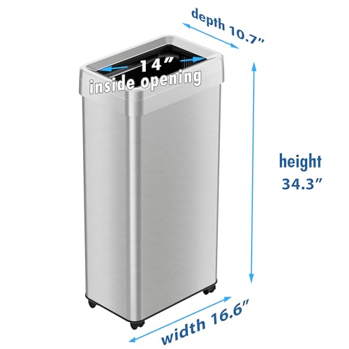 Image of iTouchless 21 Gallon Open Top Kitchen Trash Can Recycling Bin with Wheels and Double Odor Filters Rectangular Commercial Stainless Steel 80 Liter Trashcan Home Office Work Bedroom Livingroom Garage