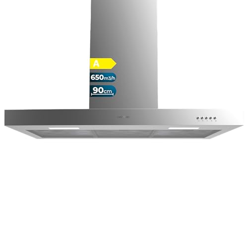 Cecotec Campana Extractora 90 cm Tipo T Bolero Flux TM 906500 Inox A. Motor 165W, Acabado Inox, Succión 650m3/h, Control Mecánico, 3 Niveles de Potencia, Luz y Filtro de Carbono