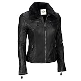 Women's Black Leather Moto Jacket with Fur Collar, Multiple Pockets (US, Alpha, Small, Regular, Regular, Black)