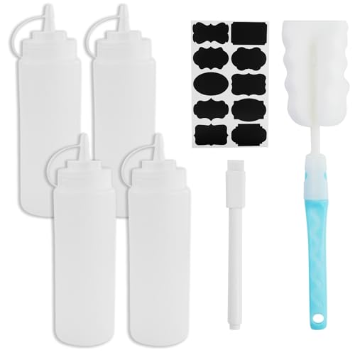 REBECCAGIBSON 4 pezzi bottiglie di salsa spremere, flacone con dosatore, biberon cucina, con 1 adesivo, 1 pennello a tazza, 1 penna, per condimenti, ketchup, salsa piccante, olio d'oliva