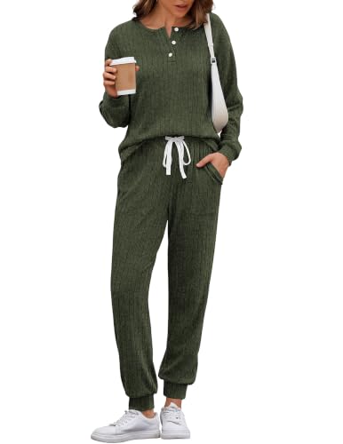Ekouaer Womens Knit 2 Piece Lounge Sets Long Sleeve Top and Pants Outfits - image 1