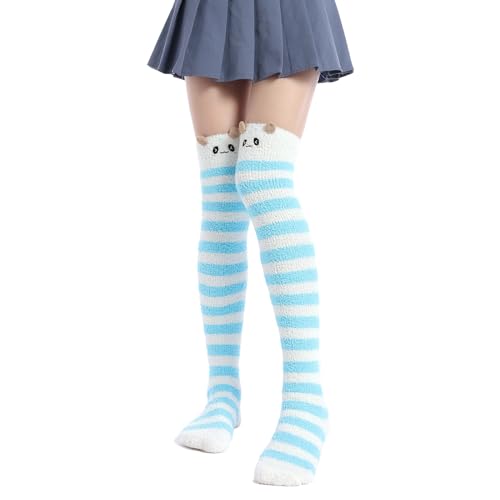 Image of Thigh High Fuzzy Socks Cute Animal Coral Fleece Over the Knee Thigh High Long Stockings Warm Stripe