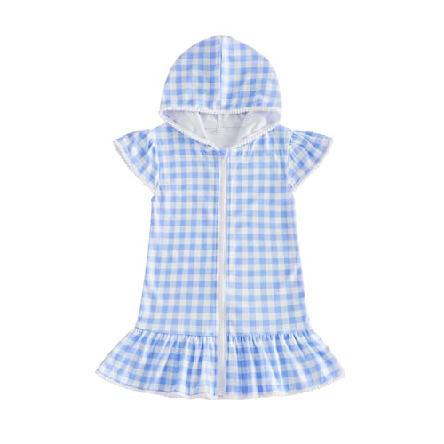 Image of Girls Hooded Terry Coverups One Piece Swimsuits Beach Stripe Trim Zip Up Fly Sleeve Swim Cover Up Swimwear