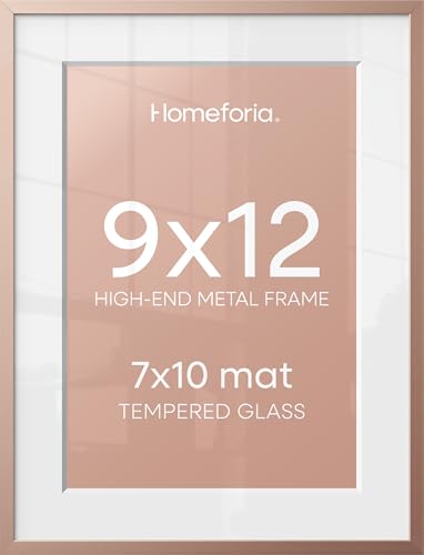 Image of Homeforia 9x12 Rose Gold Frame, High End Metal 9 x 12 Picture Frames with Mat 7 by 10 inch Photo, 9by12 Poster Frame Matted to 7x10 Art, 12x9 Wall or Tabletop Frame, Tempered Glass, Wall Kit, Set of 2