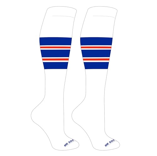 Mk Socks Striped Knee High Baseball, Football Socks (E) White, Royal, Orange