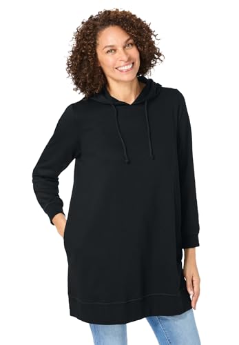 Image of Woman Within Longer-Length Hoodie Sweatshirt. Black