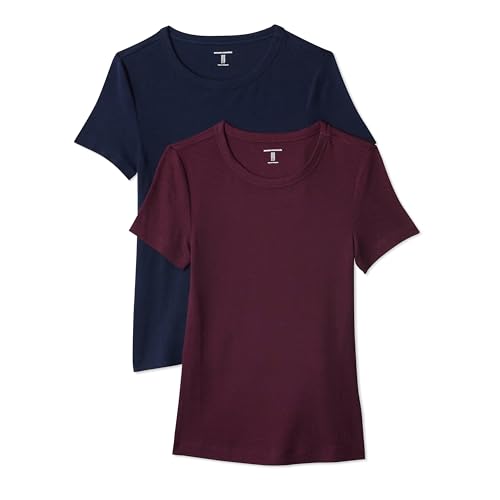 Amazon Essentials Lot de 2 t-Shirts à Manches Courtes et col Rond, pour Femme, Coupe ajustée, Bordeaux/Bleu Marine, Taille XL