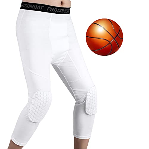Pantalon De Basket-Ball avec Genouillères,Pantalon De Basket-Ball pour Homme avec Genouillères 3/4 Capri Rembourré Collants De Compression Leggings Sports Protector Gear (White,XL) Cover