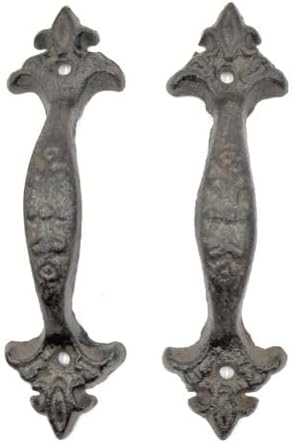 Vintage Sliding Door Pull Gate Handle Cast Iron Fleur de Lis Rustic Cast Iron Set of 2