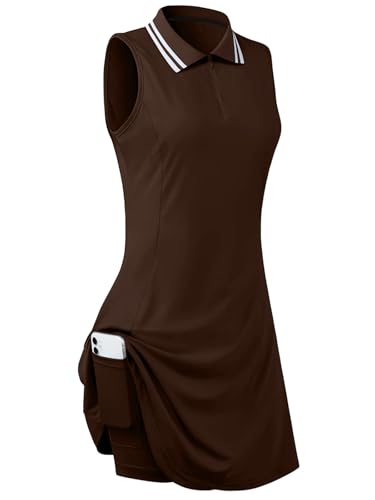 FREEYE Women's Sleeveless Golf Tennis Dress Pickleball Outfits Polo Active Desses with Shorts Trendy Female Sports Attire Brown S