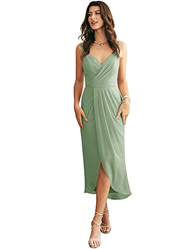 ALICEPUB Spaghetti Chiffon Short Bridesmaid Dresses for Women Party Spaghetti Straps V-Neck, Sage Green, Custom Size