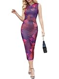 MEROKEETY Women's Summer Bodycon Tie Dye Dress Sleeveless Crew Neck Mesh Cocktail Party Maxi Dresses, Plum, M