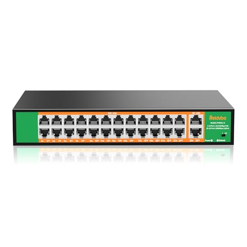 Image of 24 Port PoE Switch with 2 Gigabit Ethernet Uplink Port, Support IEEE802.3af /at, 400W High Power, Fanless, Plug and Play Unmanaged, Rackmount Ethernet Switch