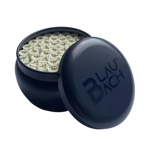BLAUBACH Aktivkohlefilter Regular Ø 9 mm 50 Stück in praktischer Metalldose (dunkelblau) Aktivkohle auf Kokosnuss-Basis Keramikkappen BLAUBACH Premium Filter