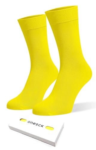 ONESCK Super Soft Cotton Dress Socks Vibrant Plain Colours for Men (Yellow 7-12)