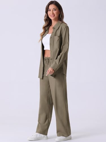 Allegra K Women's 2 Piece Linen Set 2024 Button Down Shirt Drawstring Wide Leg Pants Casual Outfits2